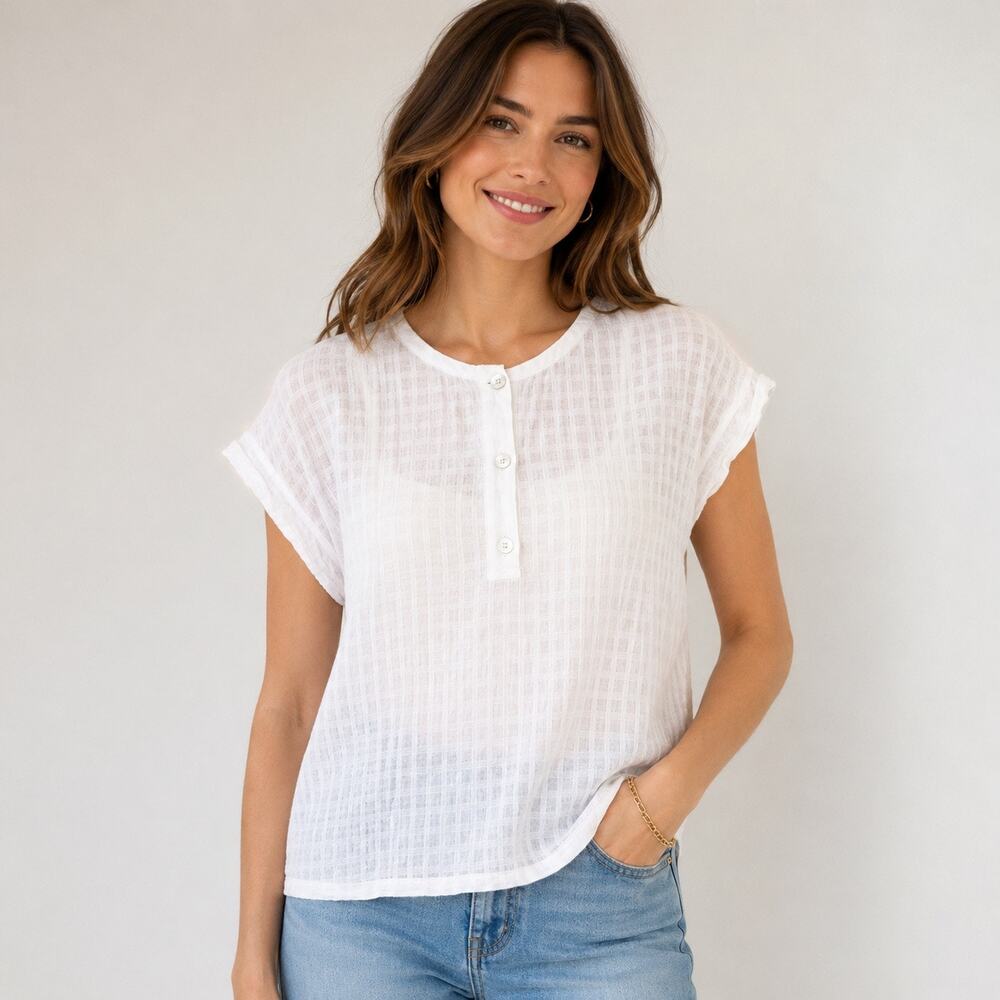 Cloth & Stone Anthropologie Women M White Linen Blend Check Henley Top